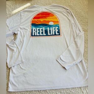 Reel Life Rash Guard Performance Shirt. White w Vibrant Sunset & Sea Graphic XL